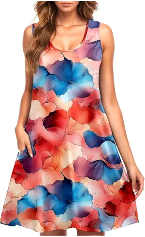 Summer Sundress for Women Beach Boho Sleeveless Vintage Floral Flowy Tank Sundress Loose Swing A-Line Mini Dress