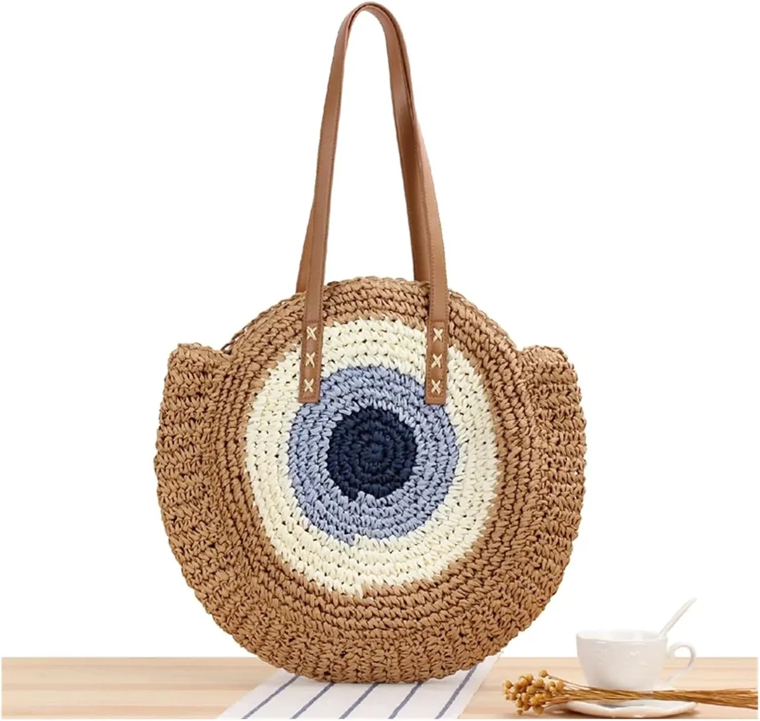 Summer Vacation Casual Bags Round Straw Beach Bag Vintage Handmade Woven Shoulder Bag Circle Rattan Bags