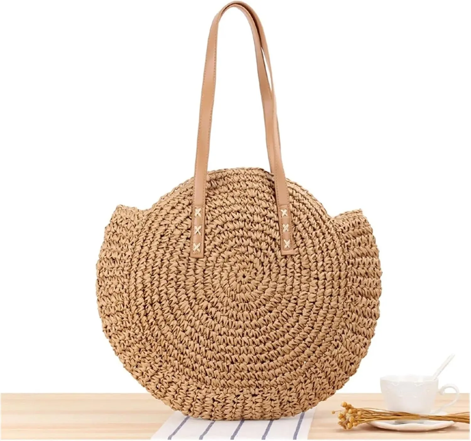 Summer Vacation Casual Bags Round Straw Beach Bag Vintage Handmade Woven Shoulder Bag Circle Rattan Bags
