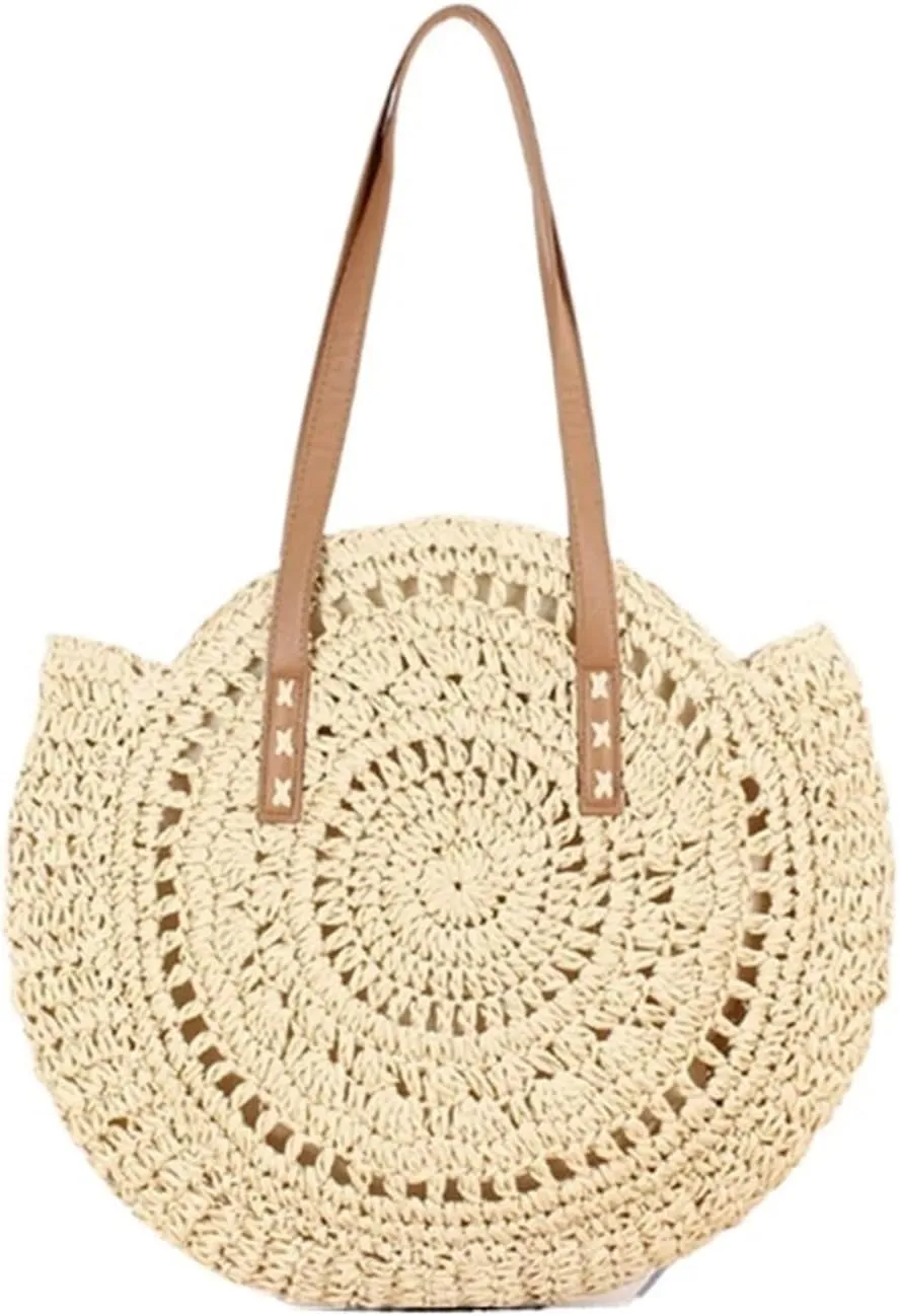 Summer Vacation Casual Bags Round Straw Beach Bag Vintage Handmade Woven Shoulder Bag Circle Rattan Bags