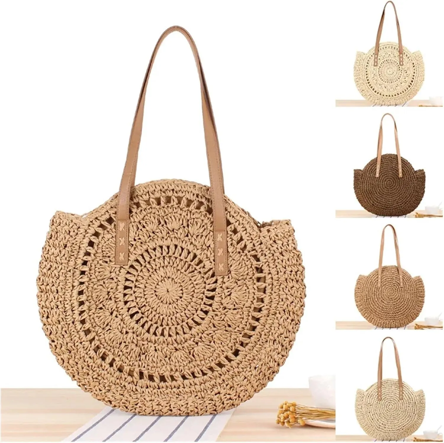Summer Vacation Casual Bags Round Straw Beach Bag Vintage Handmade Woven Shoulder Bag Circle Rattan Bags