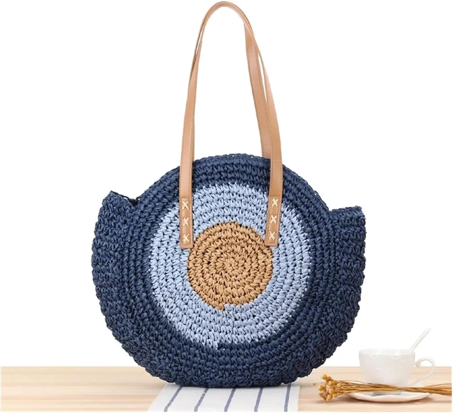 Summer Vacation Casual Bags Round Straw Beach Bag Vintage Handmade Woven Shoulder Bag Circle Rattan Bags