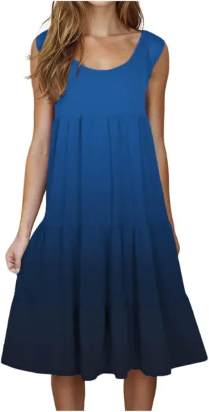 Sundresses for Women Casual Beach 2025 Summer Tank Dress Round Neck Pleated Dresses Plus Size Solid Vacation Sun Dress