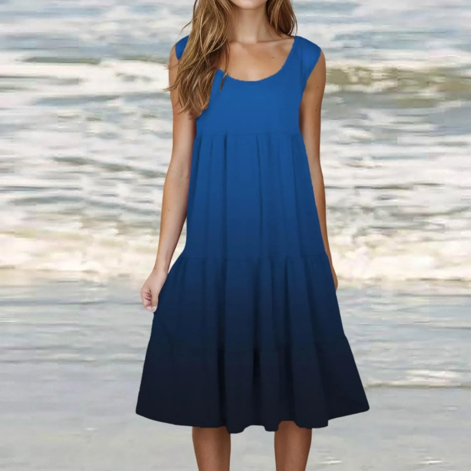 Sundresses for Women Casual Beach 2025 Summer Tank Dress Round Neck Pleated Dresses Plus Size Solid Vacation Sun Dress