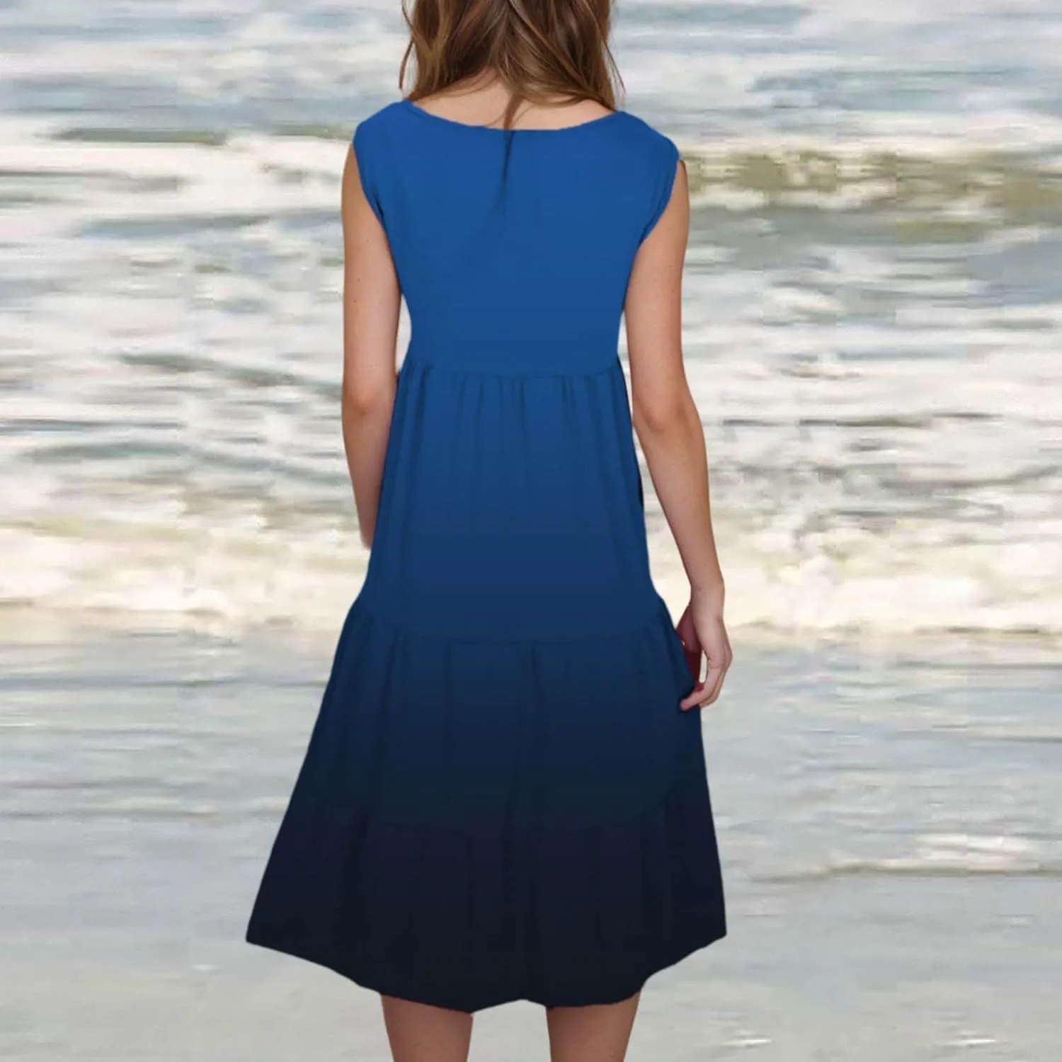 Sundresses for Women Casual Beach 2025 Summer Tank Dress Round Neck Pleated Dresses Plus Size Solid Vacation Sun Dress