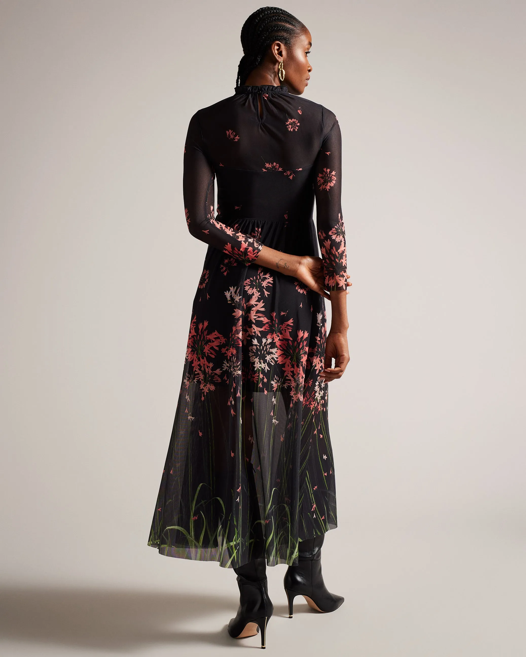 Black Floral Mesh Midaxi Dress by Susenaa - Elegant and Stylish