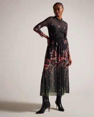 Black Floral Mesh Midaxi Dress by Susenaa - Elegant and Stylish