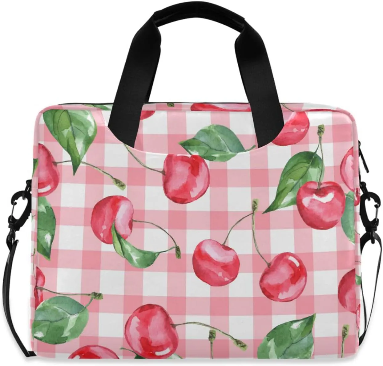 susiyo Cherry Fruits Pink Checkered Plaid Laptop Bag 15.6 Inch Laptop Bag with Shoulder Strap Briefcase for Work College Back to School