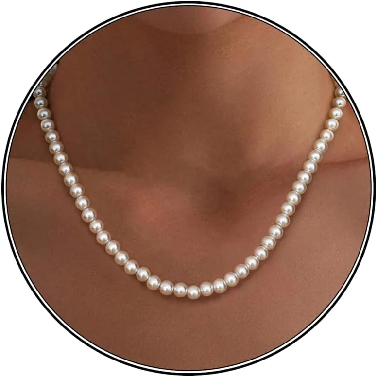 TEN MIRO Pearl Necklaces for Women, Dainty White Pearl Necklace 6MM Round Small Imitation Pearls Necklace Choker Bridesmaid Necklaces for Wedding Prom Jewelry Gifts