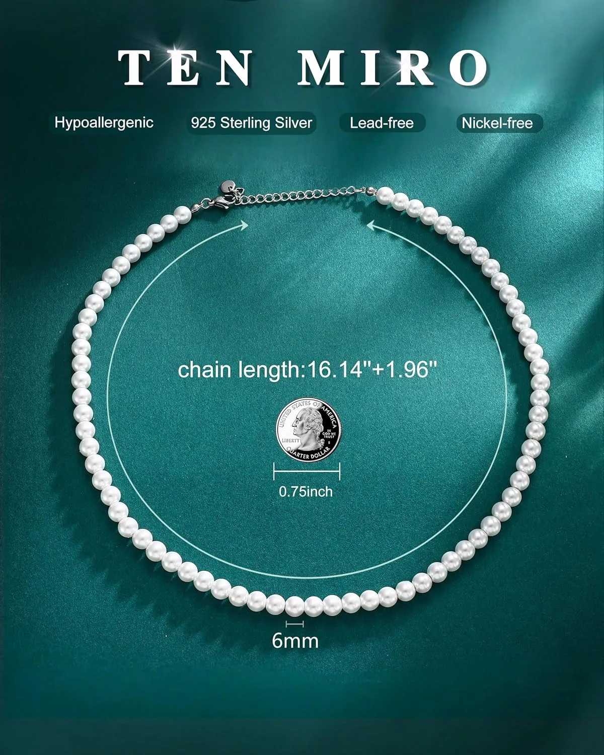 TEN MIRO Pearl Necklaces for Women, Dainty White Pearl Necklace 6MM Round Small Imitation Pearls Necklace Choker Bridesmaid Necklaces for Wedding Prom Jewelry Gifts