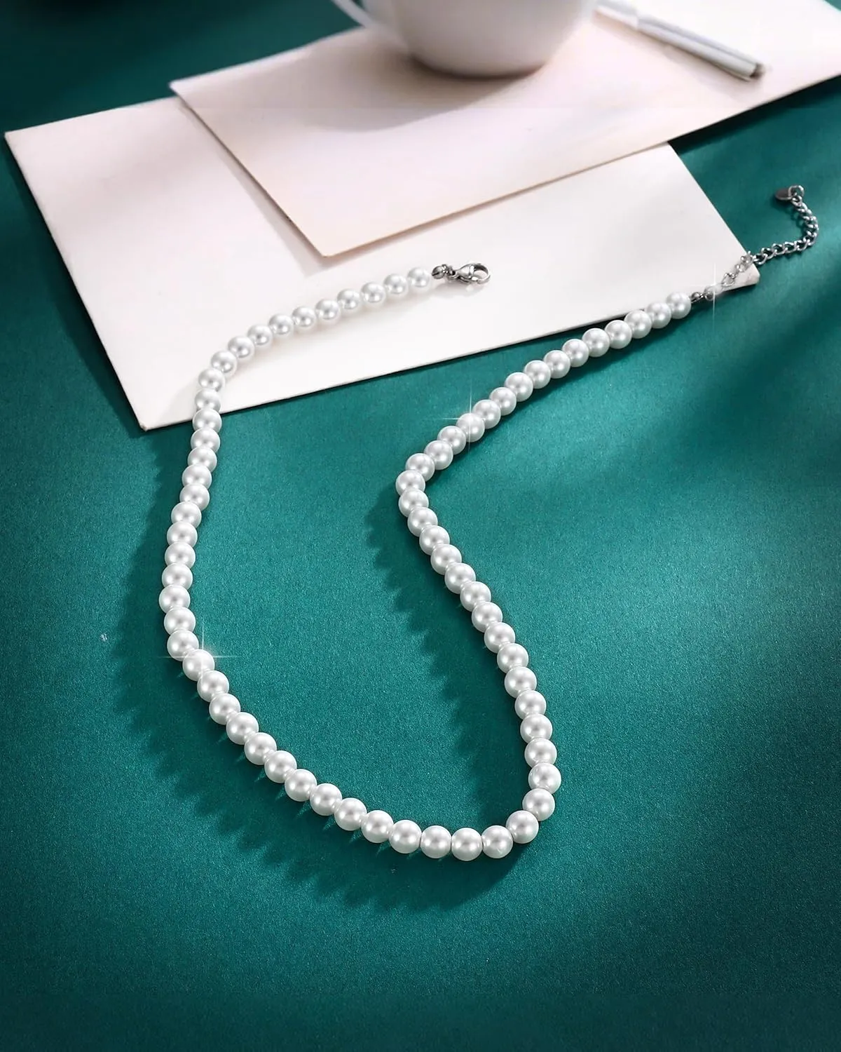 TEN MIRO Pearl Necklaces for Women, Dainty White Pearl Necklace 6MM Round Small Imitation Pearls Necklace Choker Bridesmaid Necklaces for Wedding Prom Jewelry Gifts