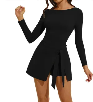 Tennis Dress for Women High Neck Long Sleeve Wrap Skirt Built in Shorts Tie Front Mini Athletic Dress Workout Rompers