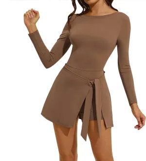 Tennis Dress for Women High Neck Long Sleeve Wrap Skirt Built in Shorts Tie Front Mini Athletic Dress Workout Rompers