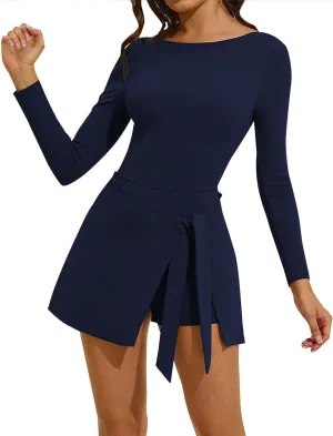 Tennis Dress for Women High Neck Long Sleeve Wrap Skirt Built in Shorts Tie Front Mini Athletic Dress Workout Rompers