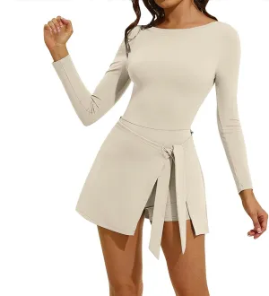 Tennis Dress for Women High Neck Long Sleeve Wrap Skirt Built in Shorts Tie Front Mini Athletic Dress Workout Rompers