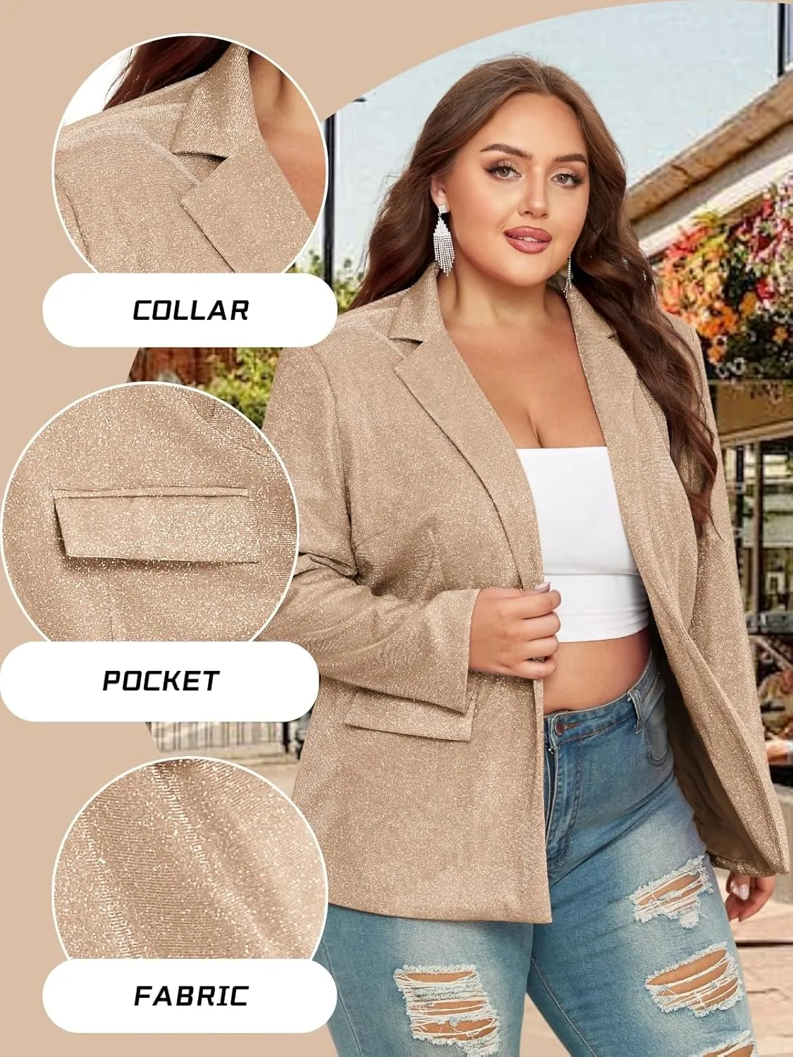 Theenkoln Womens Plus Size Blazer Jacket Collared V Neck Glitter Sparkly Long Sleeve Party Cardigan with Pocket 2024
