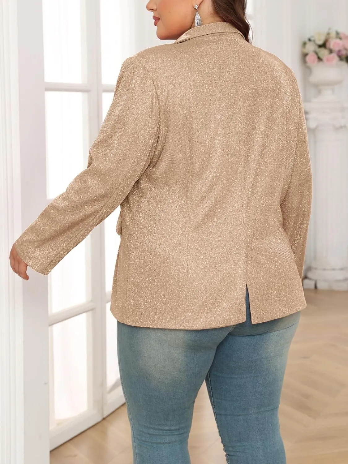 Theenkoln Womens Plus Size Blazer Jacket Collared V Neck Glitter Sparkly Long Sleeve Party Cardigan with Pocket 2024