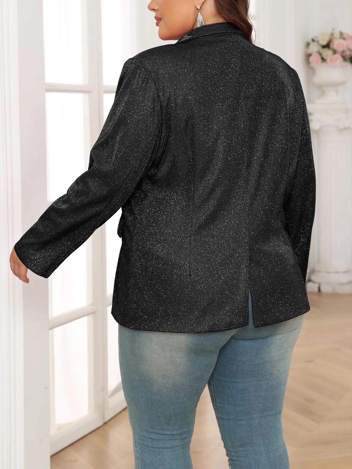 Theenkoln Womens Plus Size Blazer Jacket Collared V Neck Glitter Sparkly Long Sleeve Party Cardigan with Pocket 2024