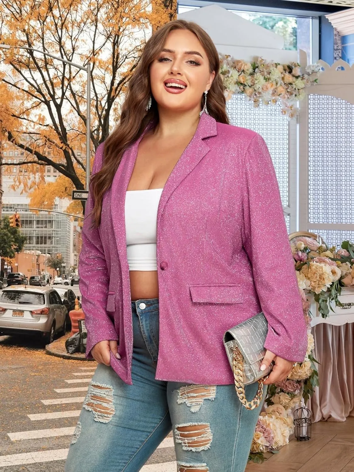 Theenkoln Womens Plus Size Blazer Jacket Collared V Neck Glitter Sparkly Long Sleeve Party Cardigan with Pocket 2024