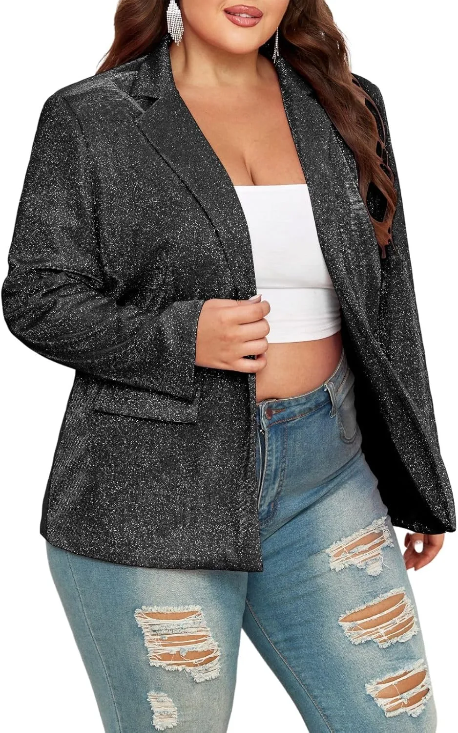Theenkoln Womens Plus Size Blazer Jacket Collared V Neck Glitter Sparkly Long Sleeve Party Cardigan with Pocket 2024