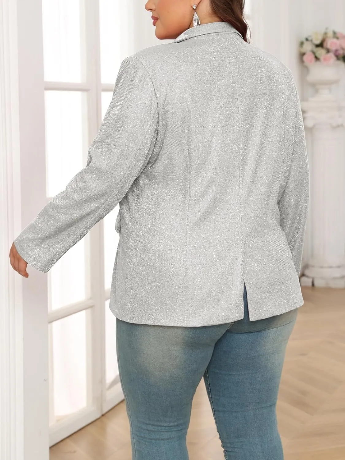 Theenkoln Womens Plus Size Blazer Jacket Collared V Neck Glitter Sparkly Long Sleeve Party Cardigan with Pocket 2024
