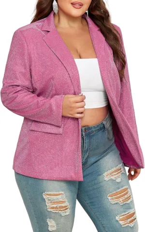 Theenkoln Womens Plus Size Blazer Jacket Collared V Neck Glitter Sparkly Long Sleeve Party Cardigan with Pocket 2024