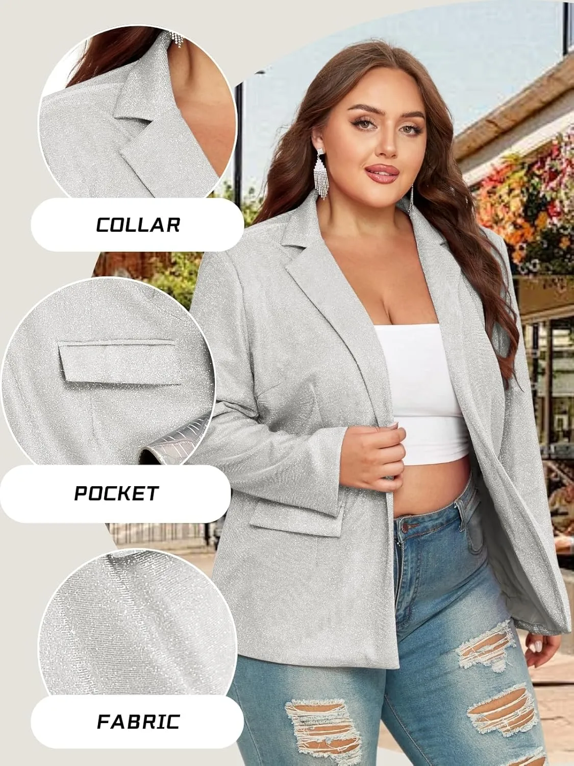 Theenkoln Womens Plus Size Blazer Jacket Collared V Neck Glitter Sparkly Long Sleeve Party Cardigan with Pocket 2024