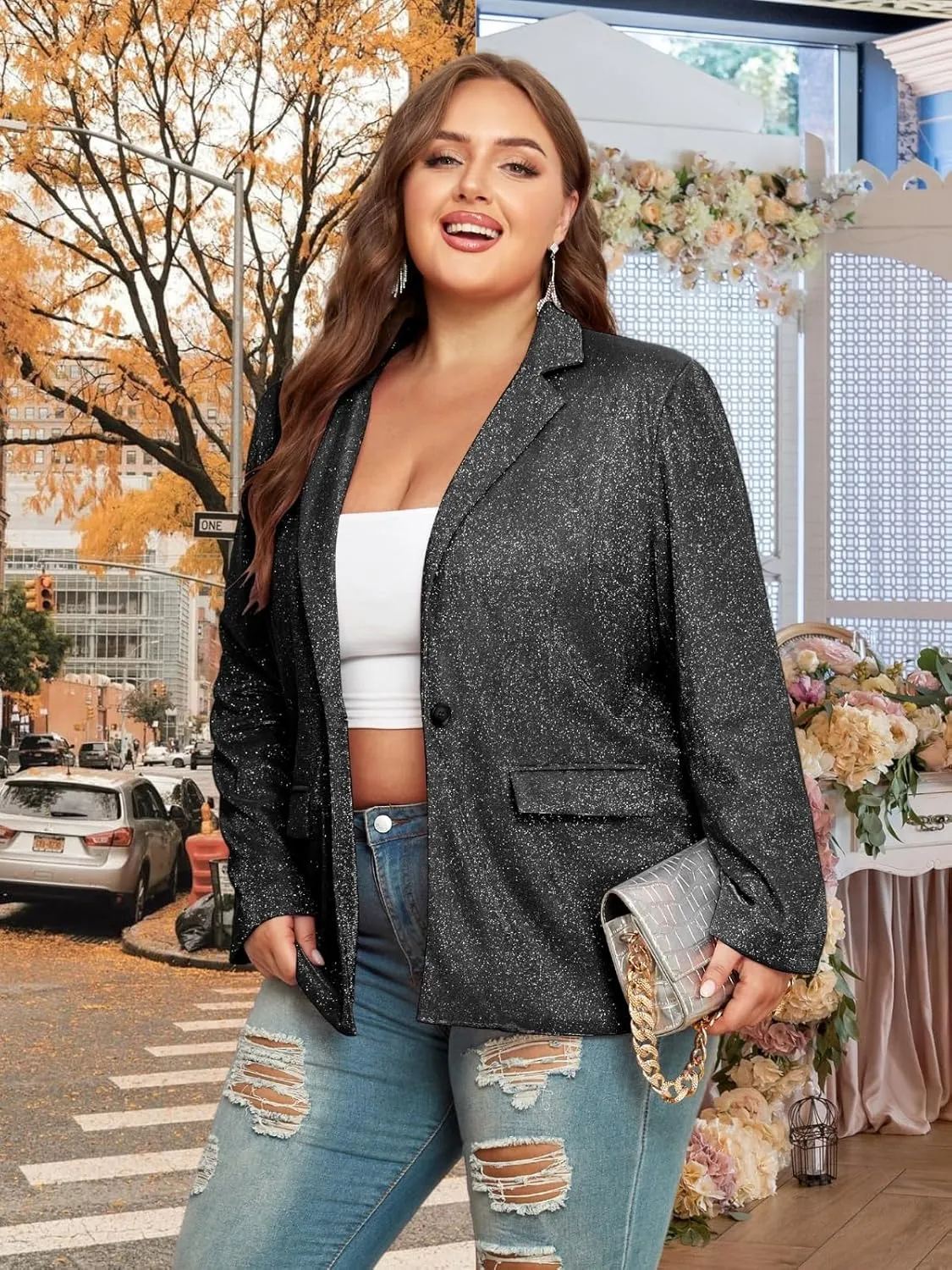Theenkoln Womens Plus Size Blazer Jacket Collared V Neck Glitter Sparkly Long Sleeve Party Cardigan with Pocket 2024