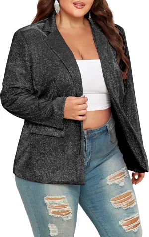 Theenkoln Womens Plus Size Blazer Jacket Collared V Neck Glitter Sparkly Long Sleeve Party Cardigan with Pocket 2024