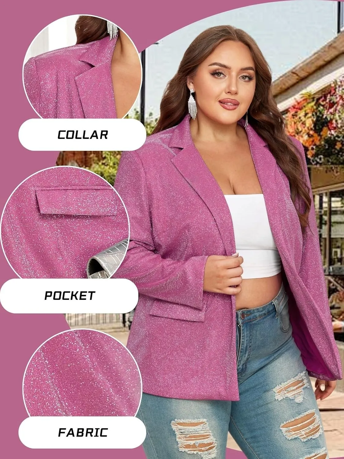 Theenkoln Womens Plus Size Blazer Jacket Collared V Neck Glitter Sparkly Long Sleeve Party Cardigan with Pocket 2024