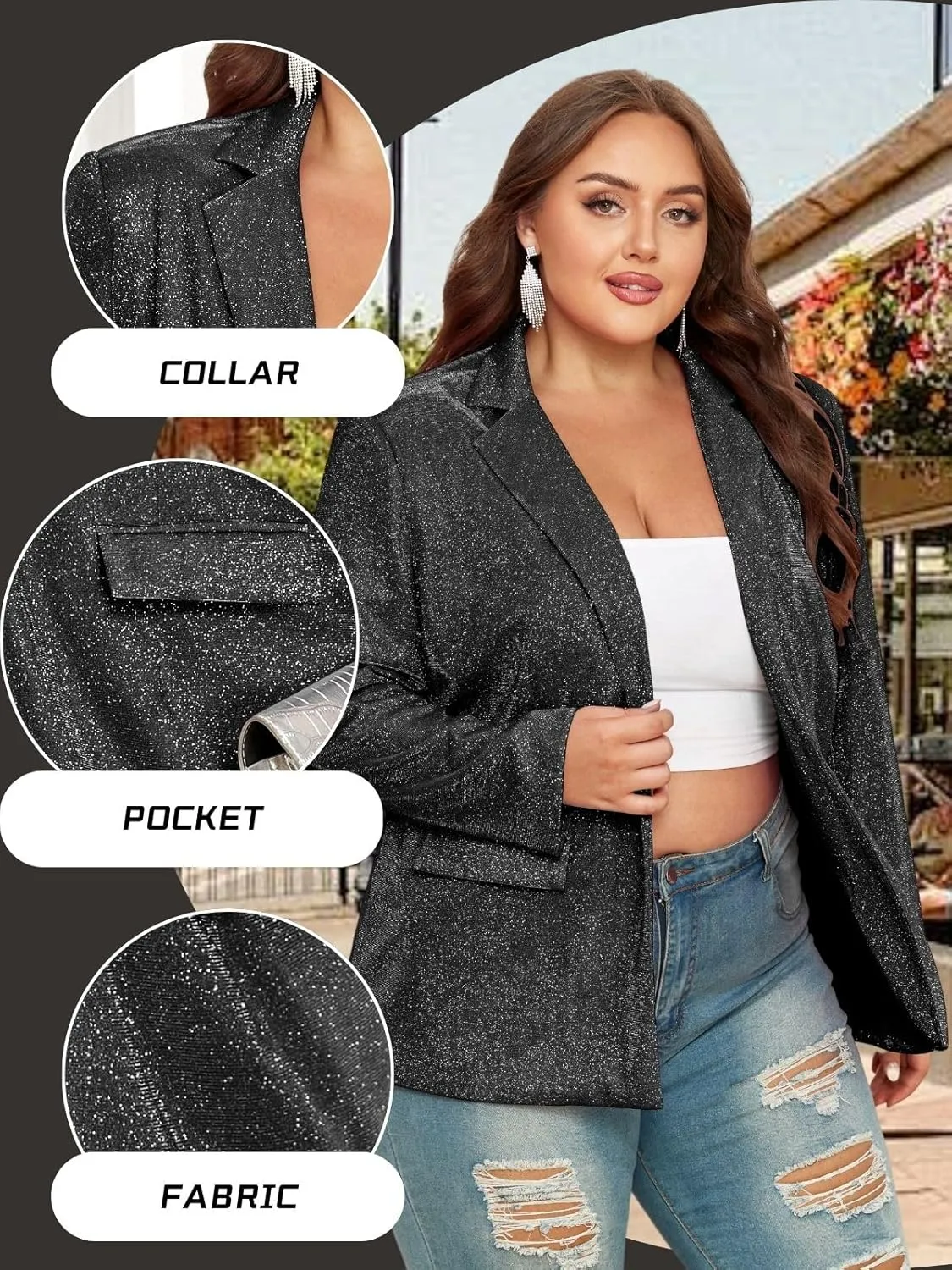 Theenkoln Womens Plus Size Blazer Jacket Collared V Neck Glitter Sparkly Long Sleeve Party Cardigan with Pocket 2024