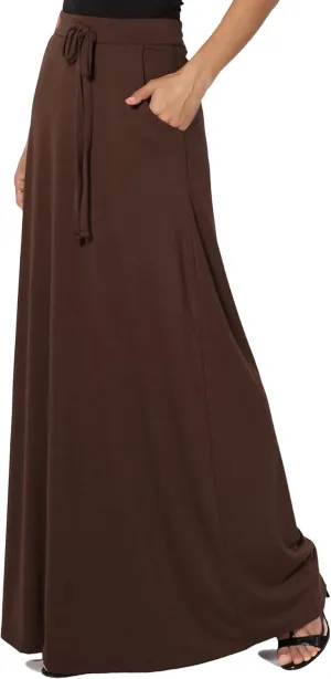 TheMogan S~3X Drawstring Waist Pocket Drapey Jersey A-Line Long Maxi Skirt
