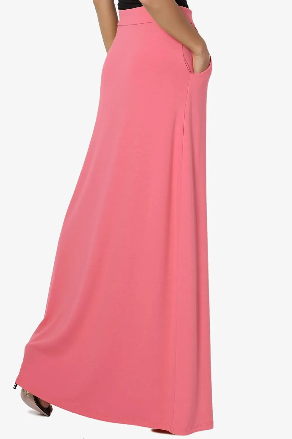 TheMogan S~3X Drawstring Waist Pocket Drapey Jersey A-Line Long Maxi Skirt