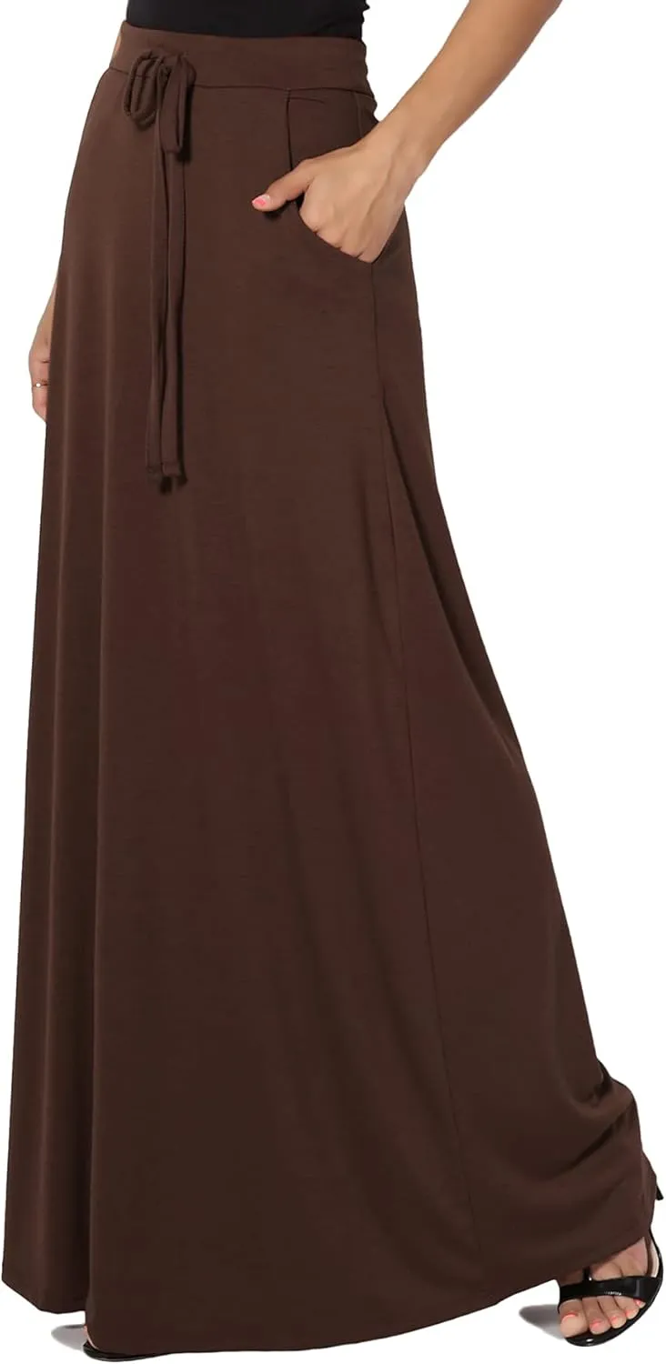TheMogan S~3X Drawstring Waist Pocket Drapey Jersey A-Line Long Maxi Skirt