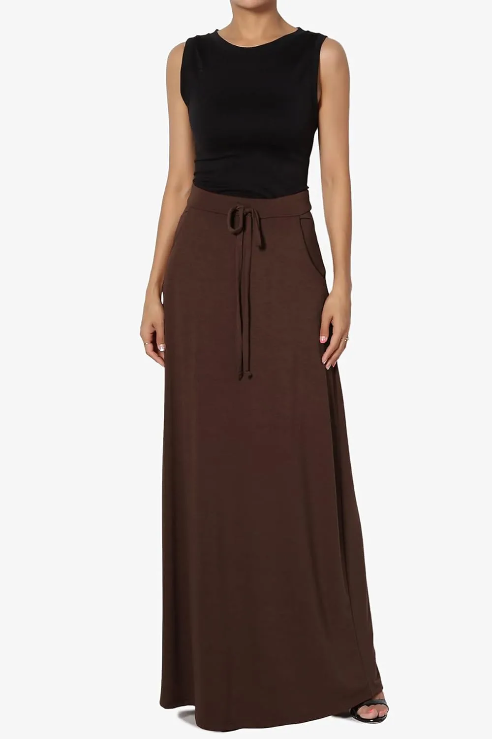 TheMogan S~3X Drawstring Waist Pocket Drapey Jersey A-Line Long Maxi Skirt