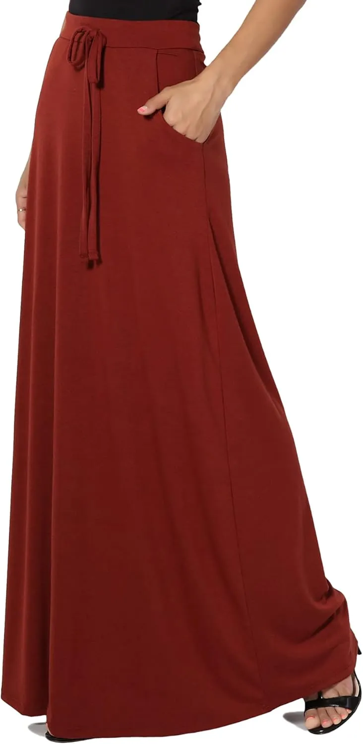 TheMogan S~3X Drawstring Waist Pocket Drapey Jersey A-Line Long Maxi Skirt