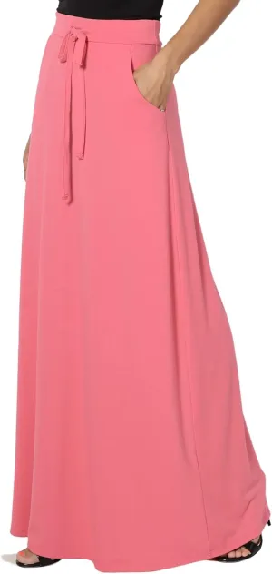 TheMogan S~3X Drawstring Waist Pocket Drapey Jersey A-Line Long Maxi Skirt