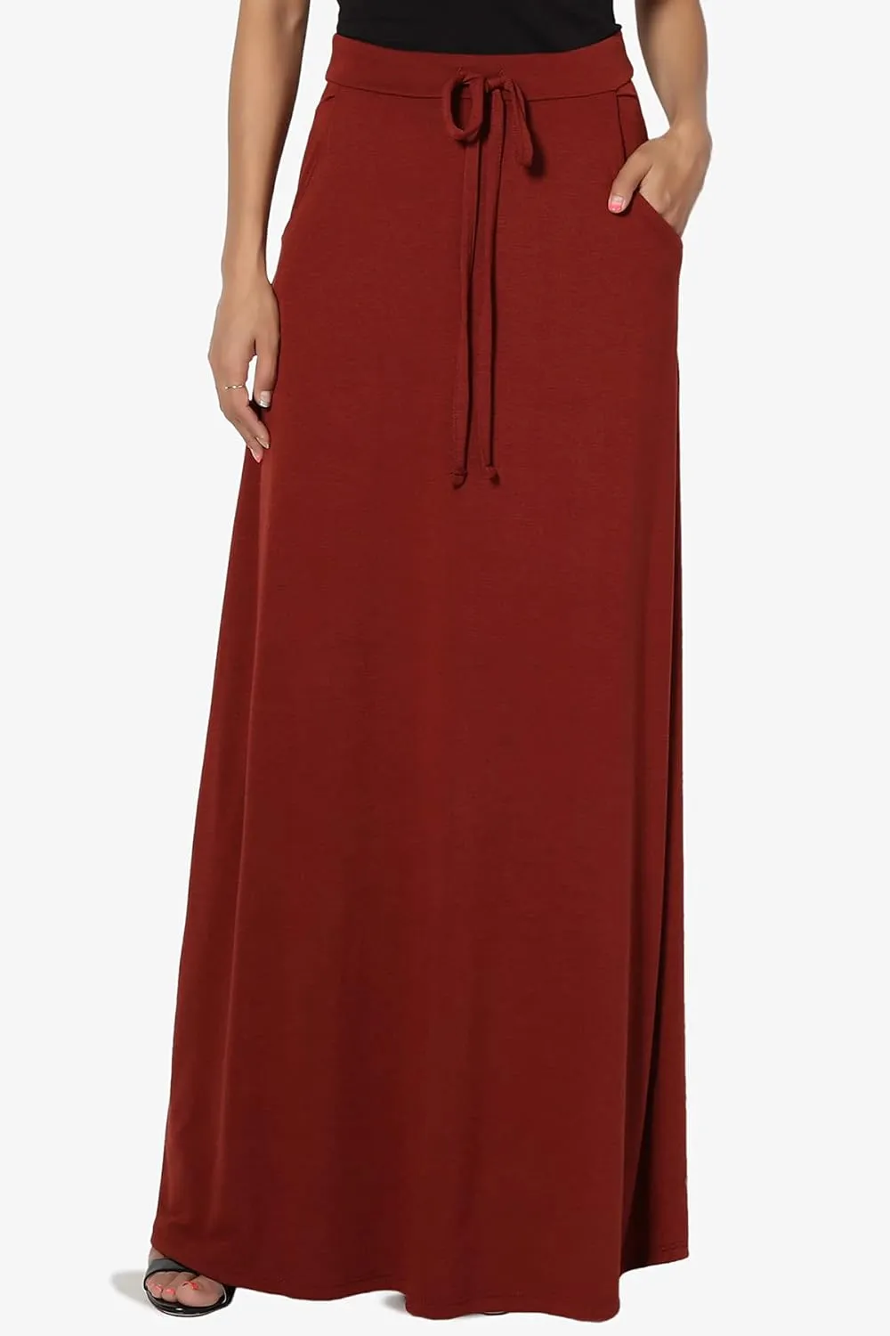 TheMogan S~3X Drawstring Waist Pocket Drapey Jersey A-Line Long Maxi Skirt