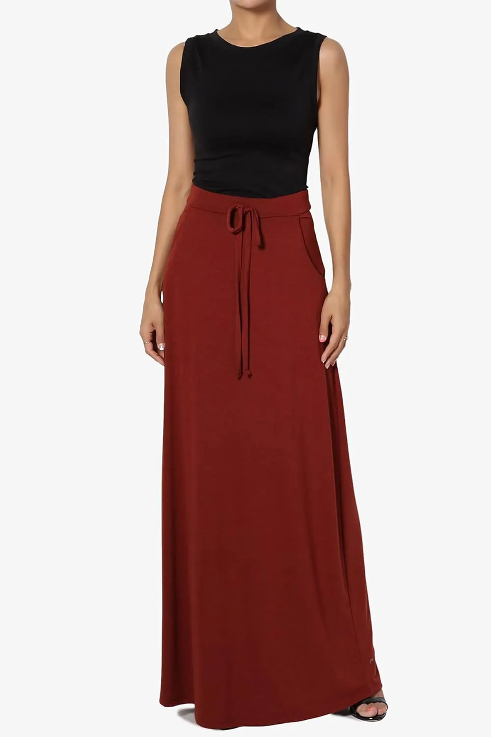 TheMogan S~3X Drawstring Waist Pocket Drapey Jersey A-Line Long Maxi Skirt