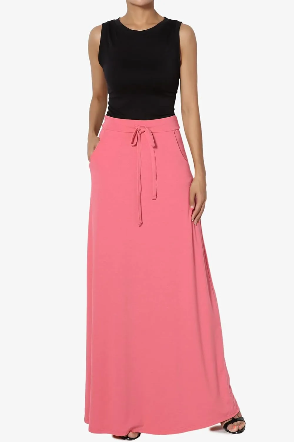 TheMogan S~3X Drawstring Waist Pocket Drapey Jersey A-Line Long Maxi Skirt