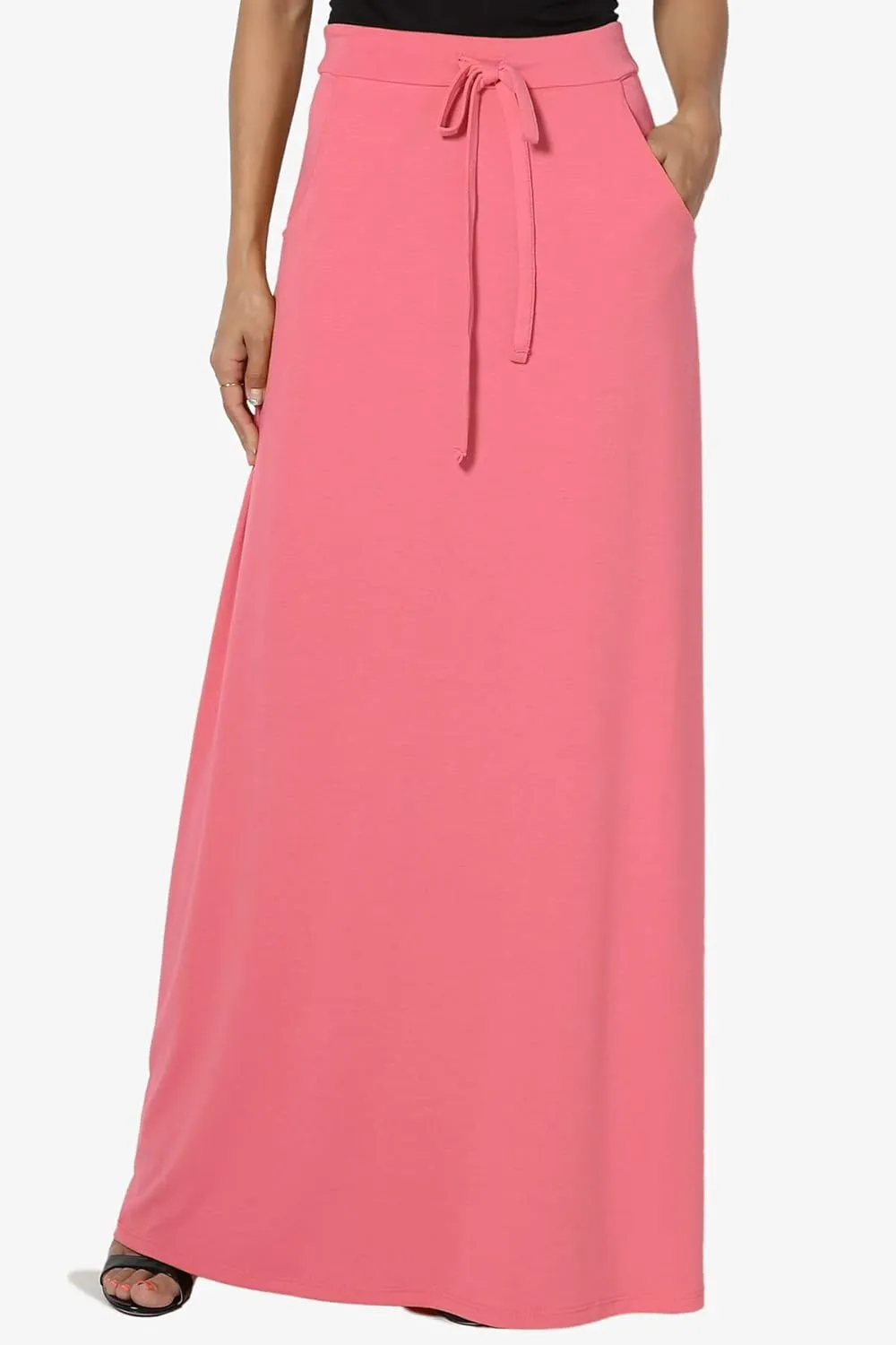 TheMogan S~3X Drawstring Waist Pocket Drapey Jersey A-Line Long Maxi Skirt