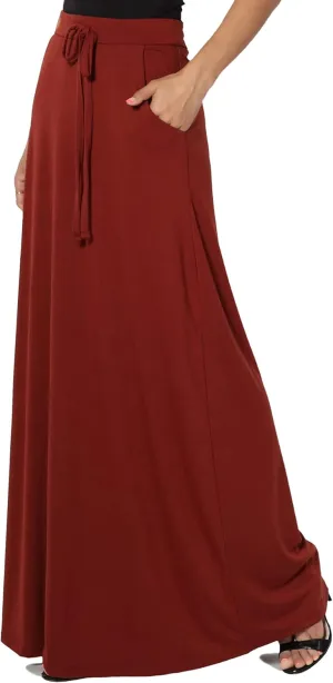 TheMogan S~3X Drawstring Waist Pocket Drapey Jersey A-Line Long Maxi Skirt