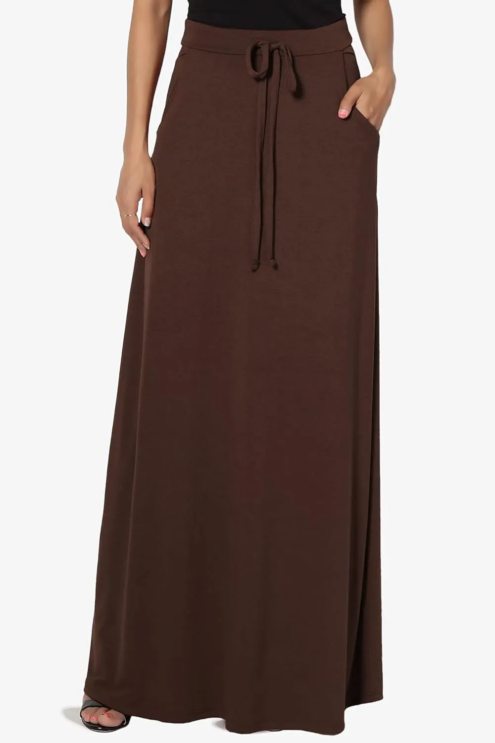 TheMogan S~3X Drawstring Waist Pocket Drapey Jersey A-Line Long Maxi Skirt