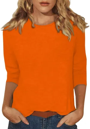 Three Quarter Sleeve Tops Woman Crewneck Cute Shirts Casual Trendy Print Blouses Length T Shirt 2024
