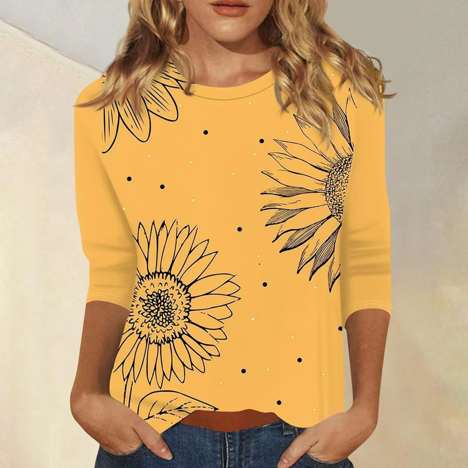 Three Quarter Sleeve Tops Woman Crewneck Cute Shirts Casual Trendy Print Blouses Length T Shirt 2024
