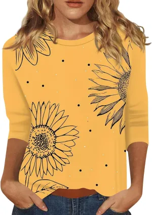 Three Quarter Sleeve Tops Woman Crewneck Cute Shirts Casual Trendy Print Blouses Length T Shirt 2024