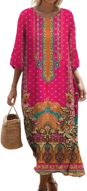 TIAFORD Womens Boho Floral Print 3/4 Sleeve Crew Neck Midi Dress Summer Beach Vacation Flowy Casual Baggy Tshirt Dresses