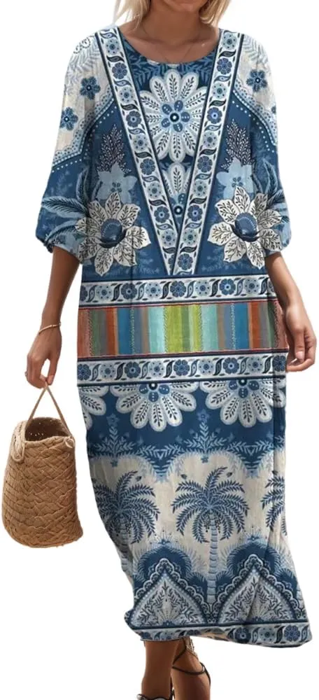TIAFORD Womens Boho Floral Print 3/4 Sleeve Crew Neck Midi Dress Summer Beach Vacation Flowy Casual Baggy Tshirt Dresses