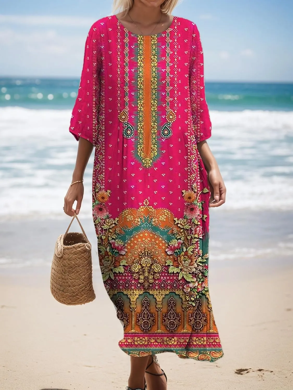 TIAFORD Womens Boho Floral Print 3/4 Sleeve Crew Neck Midi Dress Summer Beach Vacation Flowy Casual Baggy Tshirt Dresses
