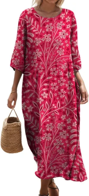 TIAFORD Womens Boho Floral Print 3/4 Sleeve Crew Neck Midi Dress Summer Beach Vacation Flowy Casual Baggy Tshirt Dresses